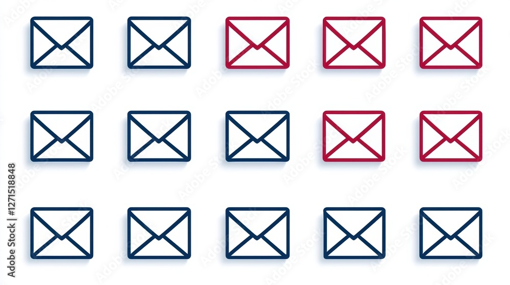 Mail icons arranged on a white background, showcasing postal symbols in red and blue. Mail icons arranged on a white background, showcasing postal symbols in red and blue.