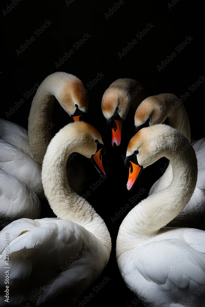 Fototapeta premium A group of swans arranged in a circular formation on dark background