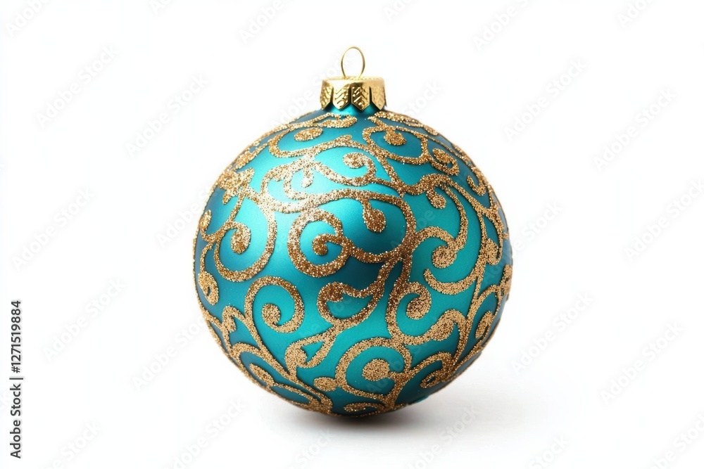 Turquoise Christmas ball with a beautiful gold pattern on white background. Turquoise Christmas ball with a beautiful gold pattern on white background.