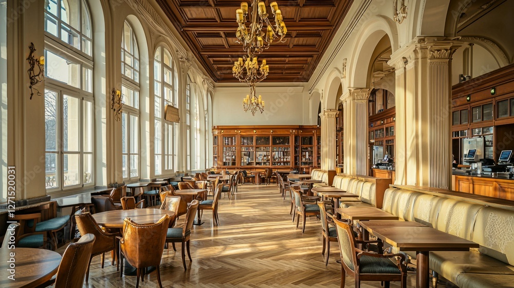 Naklejka premium Elegant historic restaurant interior with wooden furniture and chandeliers