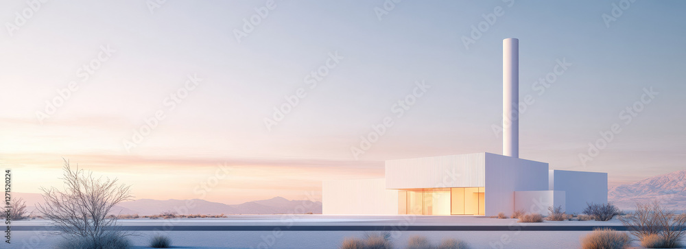 Minimalist low emission power plant design in serene desert landscape at sunrise