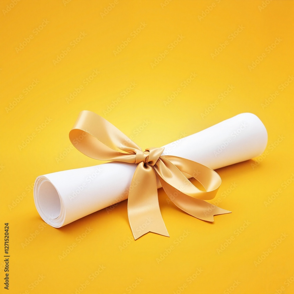 Diploma roll tied with golden ribbon on yellow background Diploma roll tied with golden ribbon on yellow background