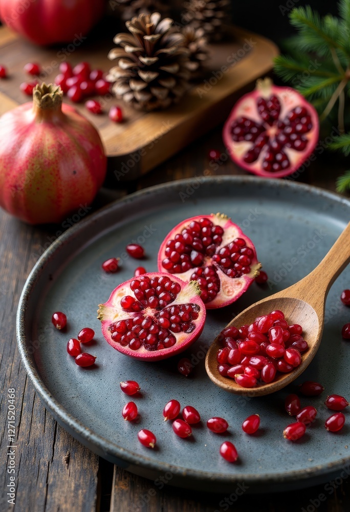 Pomegranates and Seeds on Plate with Wooden Spoon. Pomegranates and Seeds on Plate with Wooden Spoon.