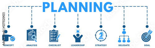 Planning banner web icon vector illustration concept with icon of concept, analysis, checklist, leadership, strategy, delegate, goal 