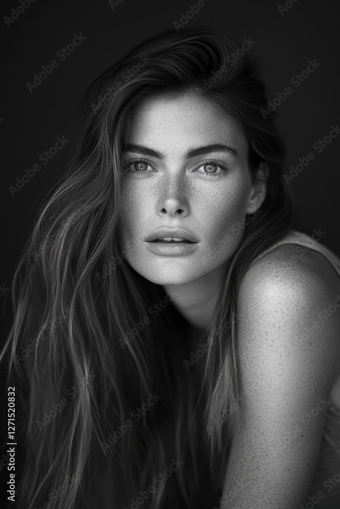 Black and white closeup portrait of a Canadian woman with freckles Black and white closeup portrait of a Canadian woman with freckles