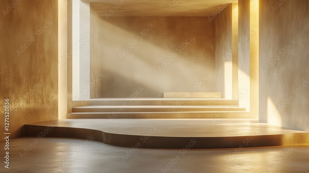Fototapeta premium Empty modern stage with soft golden lighting and subtle details, no instruments or performers, minimalist aesthetic 