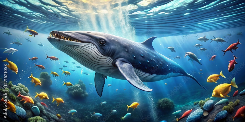 Fototapeta premium A Majestic Whale Surrounded by a Vibrant Underwater Ecosystem of Colorful Fish and Coral