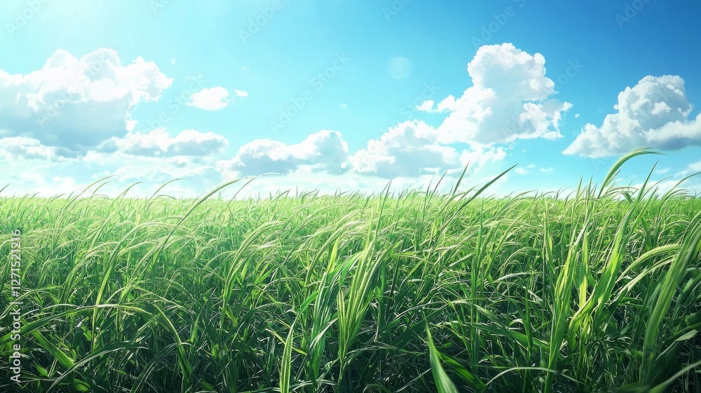 Obraz premium Lush Green Grass Field Under Bright Blue Sky with Fluffy Clouds
