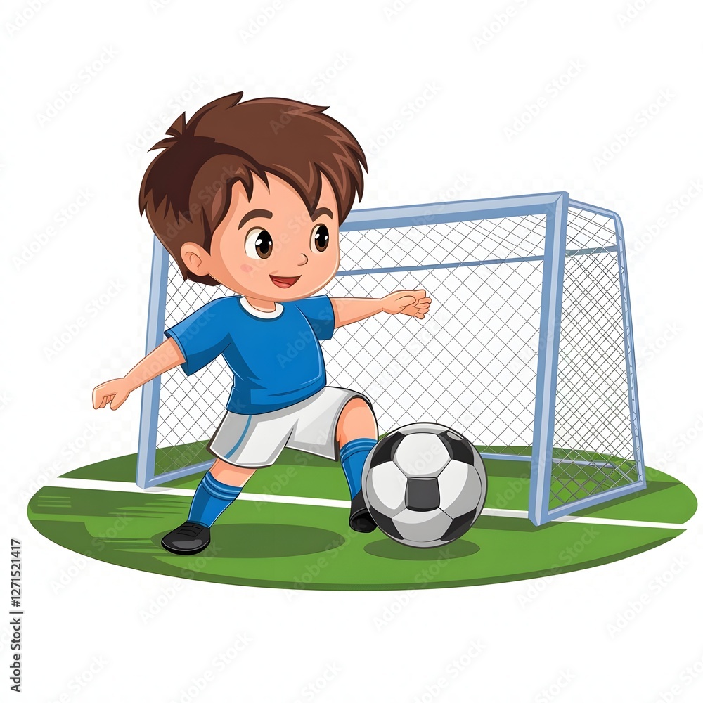 Fototapeta premium cartoon-style illustration of a boy playing soccer. kicking the ball towards a goal. 