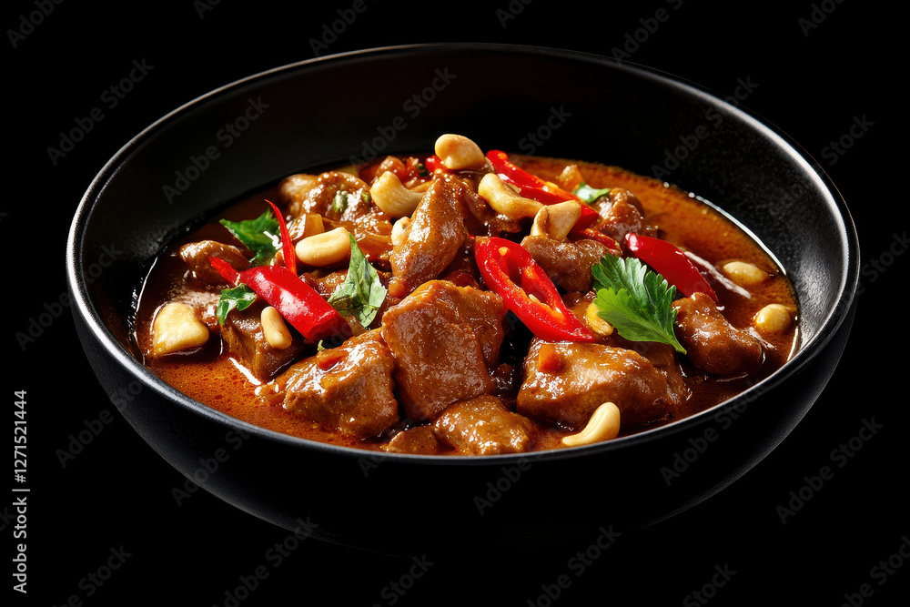Massaman curry in a black bowl garnished with chili and peanuts Massaman curry in a black bowl garnished with chili and peanuts