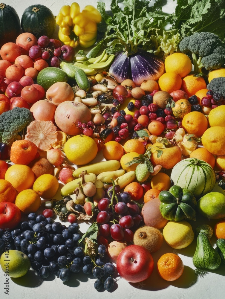 Variety of fresh fruits and vegetables arranged on a surface. Includes apples, oranges, grapes, bananas, squash, broccoli, berries, carrots, and more. Variety of fresh fruits and vegetables arranged on a surface. Includes apples, oranges, grapes, bananas, squash, broccoli, berries, carrots, and more.
