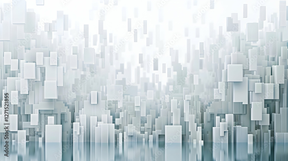 Abstract cityscape with floating geometric shapes reflecting on a calm surface Abstract cityscape with floating geometric shapes reflecting on a calm surface
