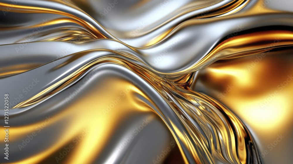 Realistic flowing liquid metal forming abstract modern design with shiny gold and silver tones. smooth curves create dynamic and captivating visual effect Realistic flowing liquid metal forming abstract modern design with shiny gold and silver tones. smooth curves create dynamic and captivating visual effect