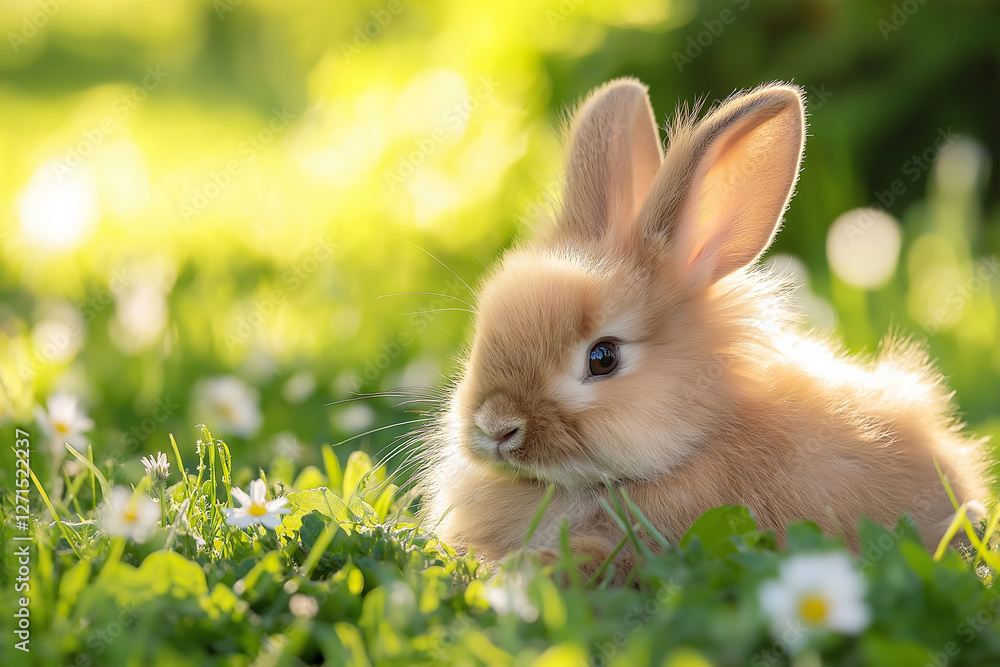 Cute bunny sitting on green grass in sunlight Cute bunny sitting on green grass in sunlight
