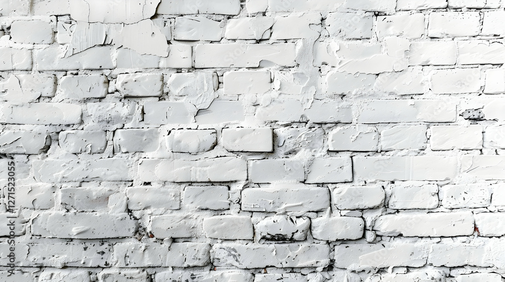 Fototapeta premium Textured white brick wall with peeling paint and subtle imperfections, ideal for backgrounds