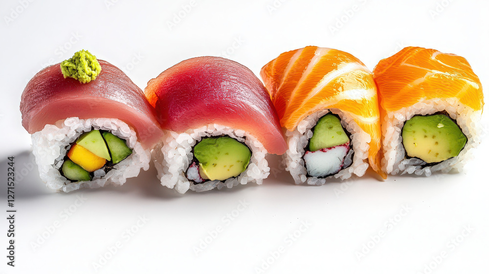Fresh sushi with salmon, tuna, and avocado Fresh sushi with salmon, tuna, and avocado