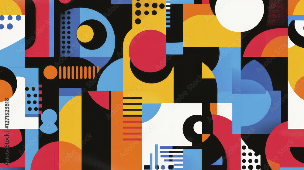 Vibrant geometric pattern featuring abstract shapes in red, blue, yellow, and black. This modern design showcases playful mix of circles, squares, and lines, creating dynamic visual experience Vibrant geometric pattern featuring abstract shapes in red, blue, yellow, and black. This modern design showcases playful mix of circles, squares, and lines, creating dynamic visual experience