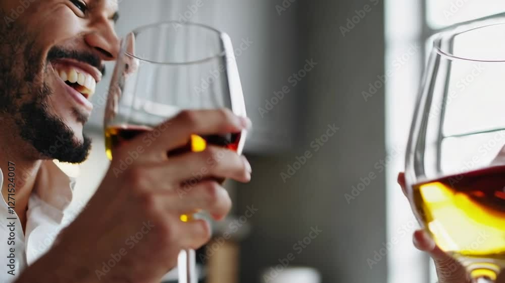 Loving couple sharing intimate wine toast in kitchen, celebrating newly purchased home and bright future together, embodying domestic happiness and relationship milestone Loving couple sharing intimate wine toast in kitchen, celebrating newly purchased home and bright future together, embodying domestic happiness and relationship milestone