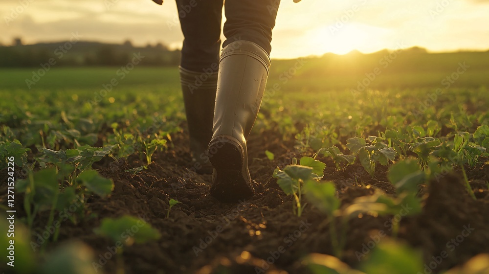 Man walking on a field in the morning and examining the growth of a kale plant.