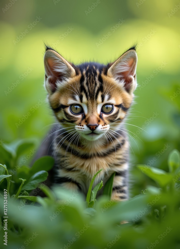 Striped Kitten Stares from Green Foliage Striped Kitten Stares from Green Foliage