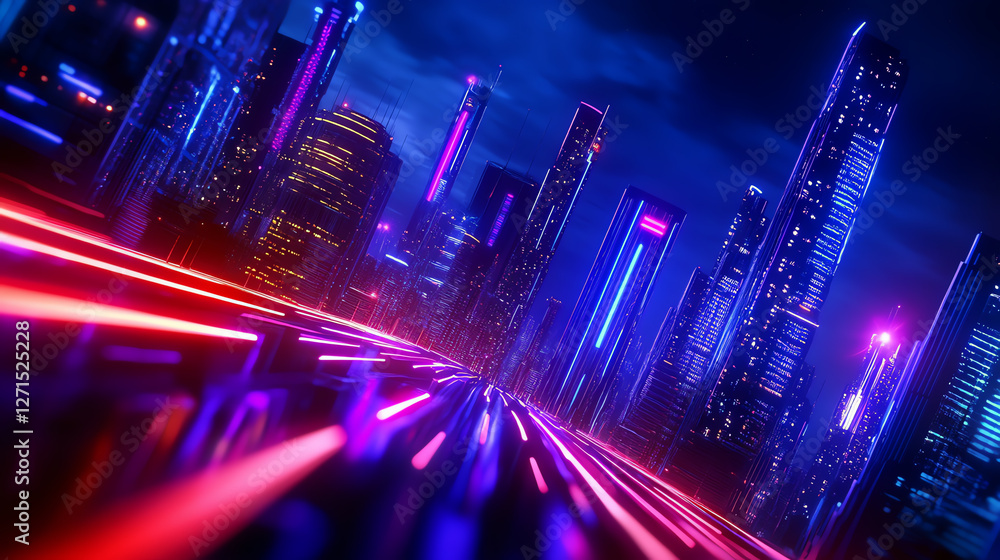 A vibrant, futuristic city skyline illuminated by neon lights A vibrant, futuristic city skyline illuminated by neon lights