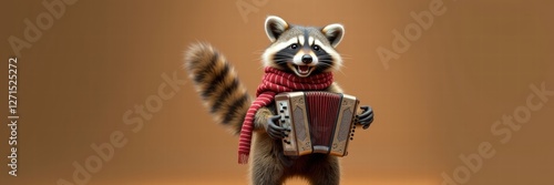 A whimsical raccoon playing an accordion, wrapped in a cozy scarf. Perfect for holiday-themed projects, music promotions, or playful branding. photo