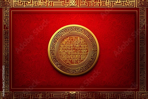 Golden asian chinese new year celebration frame background, abstract red Japanese cloud wave art pattern design backdrop, traditional lunar festival empty rectangle border wallpaper