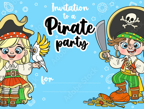 Invitation for Pirate party with boy and girl dressed as pirates with treasure and a parrot