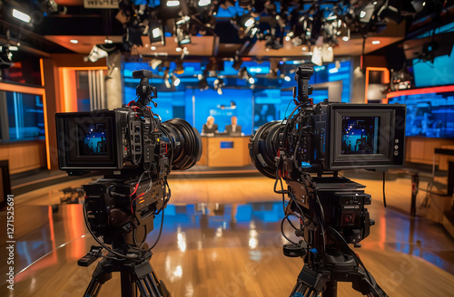 Wallpaper Mural Professional television studio with broadcast cameras capturing news anchors during live show, media production and journalism concept Torontodigital.ca