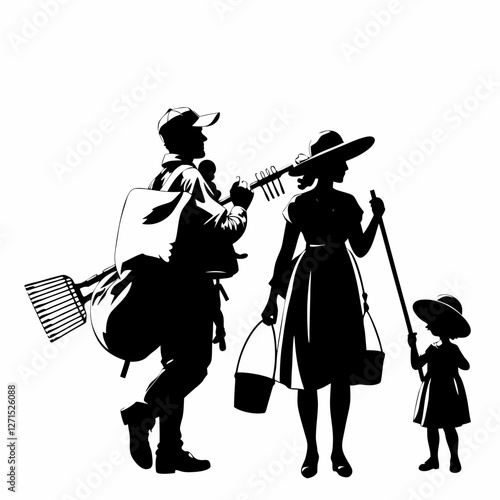 Silhouette of a family walking in a field