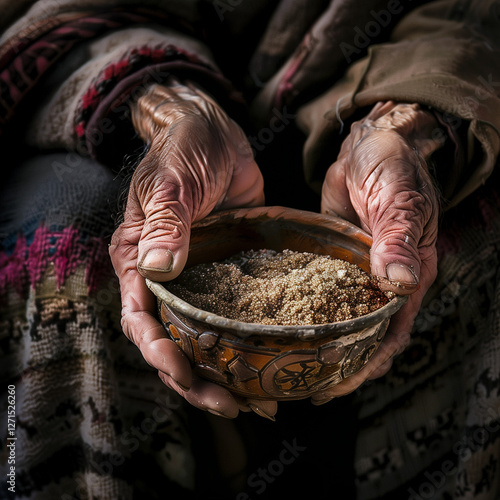 
A respectful and compassionate image of a person giving charity (Zakat) to someone in need. The focus should be on the act of giving and receiving with dignity and respect. The scene could be discree photo