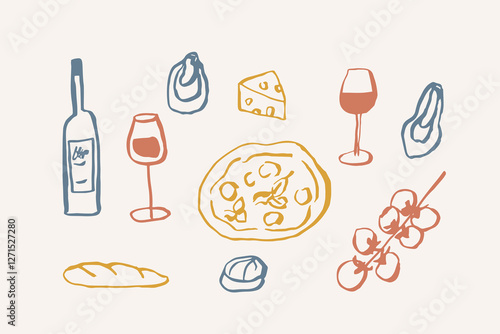 Hand drawn doodle wine and food illustration