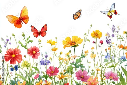 Beautiful spring flowers with colorful butterflies in a vibrant meadow, showcasing nature s beauty, ideal for seasonal themes and illustrations photo