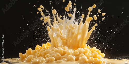 Colorful macaroni and cheese with a lot of bubbles, suggesting it is very hot and likely to burst into a big mess.
