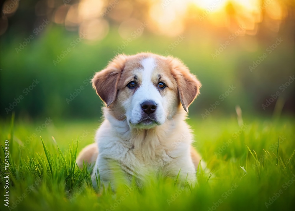 Adorable Central Asian Shepherd Dog Puppy Playing on Green Grass - Minimalist Stock Photo Adorable Central Asian Shepherd Dog Puppy Playing on Green Grass - Minimalist Stock Photo