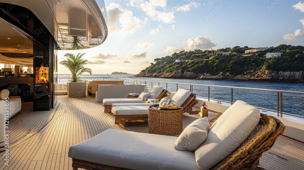 Fototapeta premium Luxurious sun soaked superyacht deck featuring stylish sun loungers, beautiful view of coastline, and serene atmosphere perfect for relaxation and enjoyment