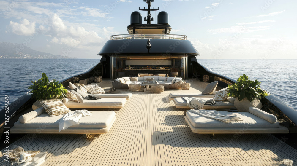 Fototapeta premium Luxurious sun soaked superyacht deck featuring stylish sun loungers, elegant decor, and serene ocean views, perfect for relaxation and leisure