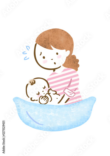 焦りながら赤ちゃんを沐浴させている母親の手描きイラスト