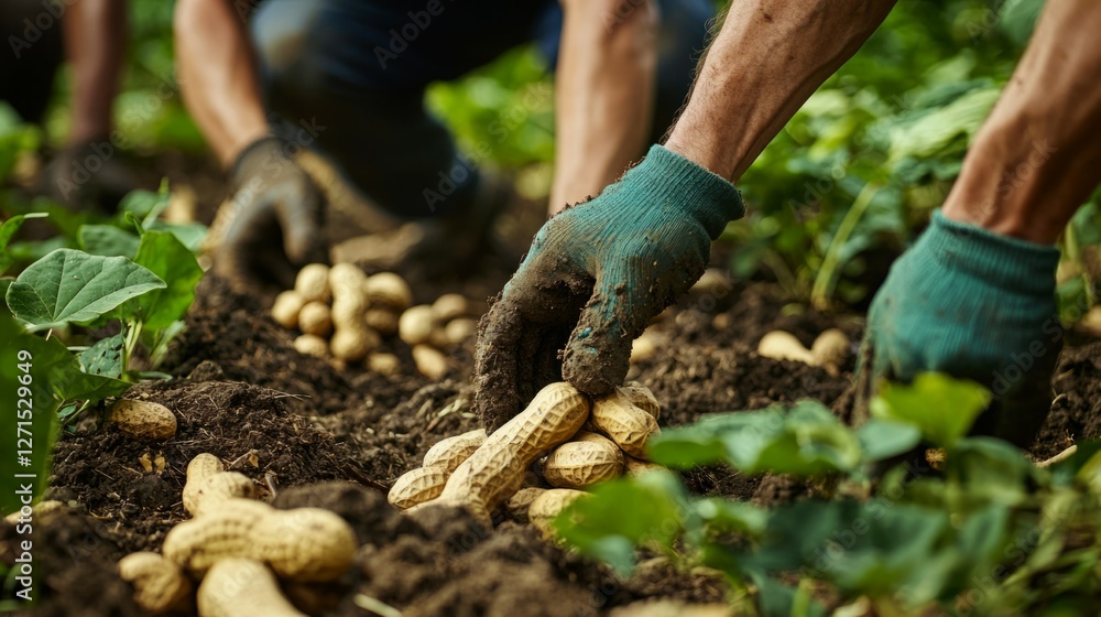 Naklejka premium Harvesting Fresh Peanuts from Rich Soil by Hands in Garden Scene