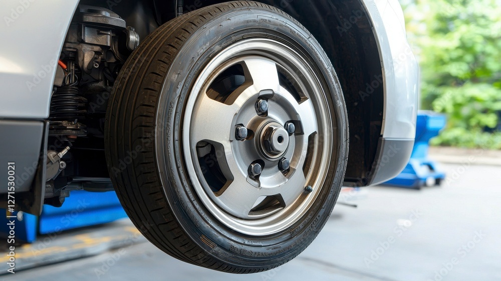 Close-up of a Silver Car Wheel with Tire in an Auto Shop during Maintenance and Inspection Process Close-up of a Silver Car Wheel with Tire in an Auto Shop during Maintenance and Inspection Process