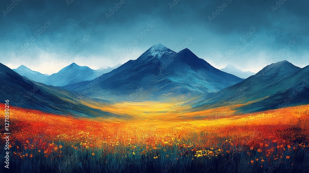 Naklejka premium moutain and green,yellow,blue adverture background,illustration --ar 16:9 --stylize 450 --v 6.1 Job ID: c9cd6cf8-910b-472f-9350-9b9cddfdd327
