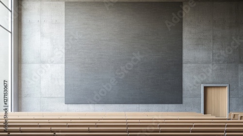 Empty Modern Concrete Hall with Blank Screen and Wooden Seats - Stunning Architectural Design