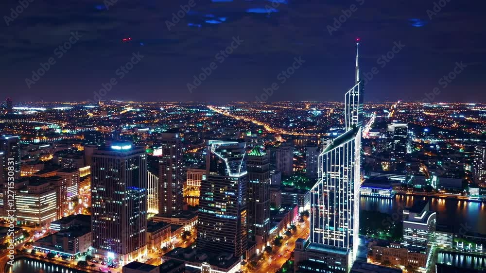 City skyline illuminated at night with stunning architecture and vibrant lights in downtown area City skyline illuminated at night with stunning architecture and vibrant lights in downtown area