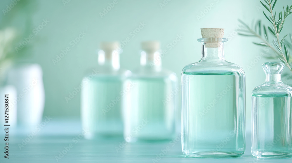 Elegant glass bottles with essential oils on soft pastel background for aromatherapy and wellness concept Elegant glass bottles with essential oils on soft pastel background for aromatherapy and wellness concept