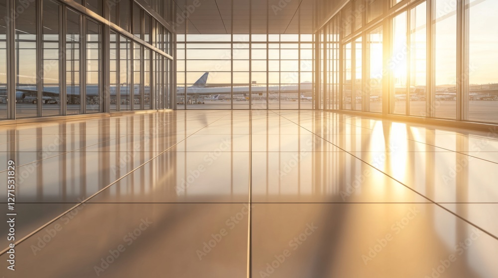 Airport terminal interior, sunlight, airplane Airport terminal interior, sunlight, airplane