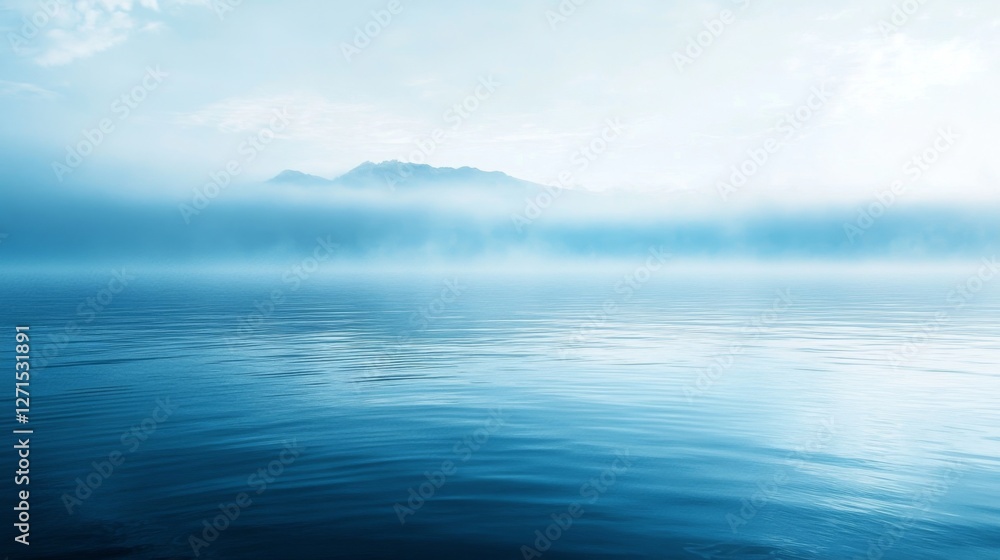 Fototapeta premium Tranquil misty lake with distant mountains under clear sky