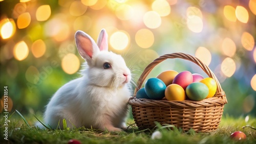 Adorable Easter Bunny with Colorful Eggs in Woven Basket - Spring Holiday Bokeh Background