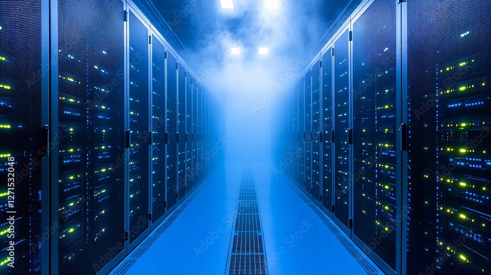 Cool blue light illuminates rows of humming server racks in a modern data center. AI Generated Cool blue light illuminates rows of humming server racks in a modern data center. AI Generated