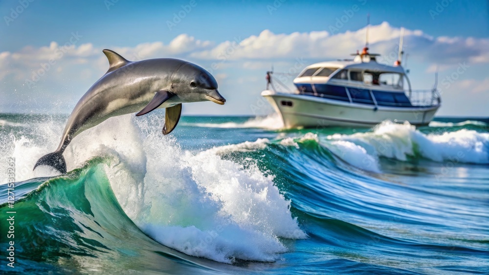 Fototapeta premium Oceanic marvel a playful dolphin leaps from a vibrant wave, a vessel gently gliding in the background.