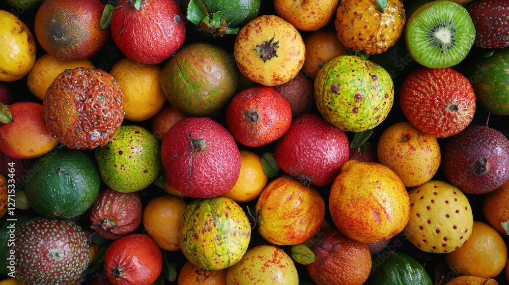 Assortment of fresh exotic fruits as background, top view Assortment of fresh exotic fruits as background, top view
